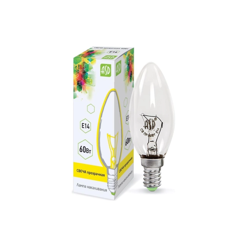 Лампа накаливания СВЕЧА 60 Вт, Е14, ПР ASD