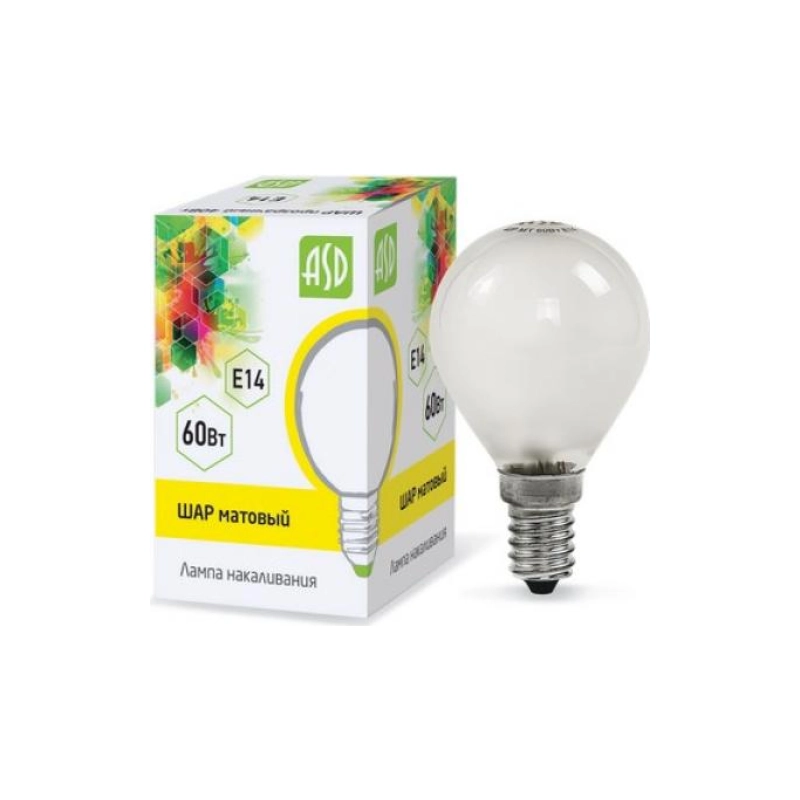 Лампа накаливания ШАР 60 Вт, Е14, МТ ASD