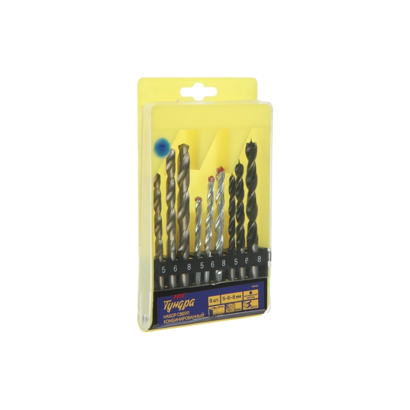СЛ Набор сверл комбин.ТУНДРА, цилиндр. хвостовик, 5-6-8мм (9 шт) (1119724)