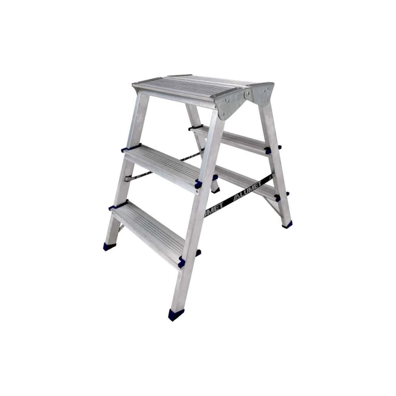 Двухсторонняя стремянка алюминиевая c широкой верхней ступенью 260 мм. 3ст. ADK6203