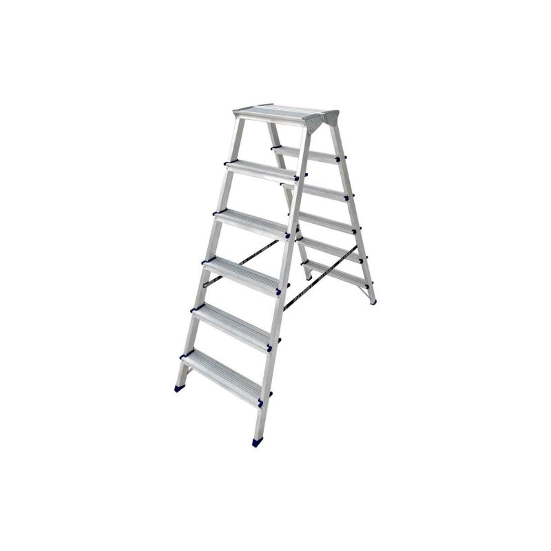 Двухсторонняя стремянка алюминиевая c широкой верхней ступенью 260 мм. 6ст. ADK6206