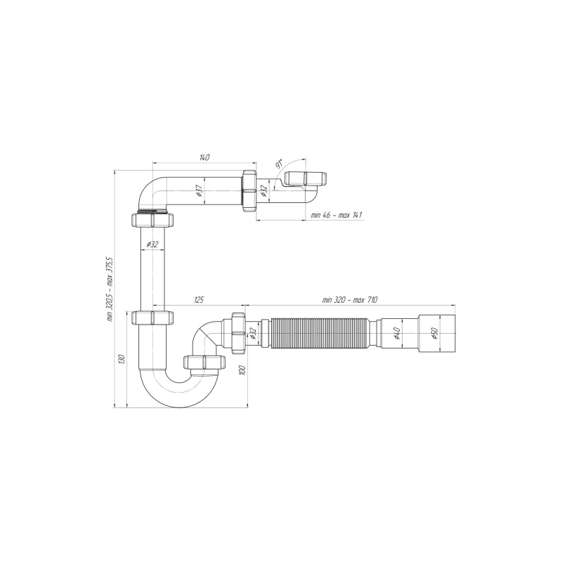 АНИ ПЛАСТ D1035S Сифон прям. с отв. для с/м безвыпуска с г/трубой 40*40/50