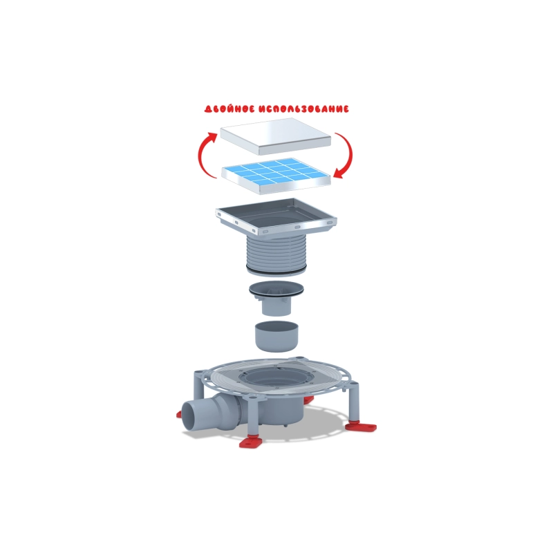 АНИ ПЛАСТ TVA5812 Трап гор.вып.50 рег.решёткой из н/стал.под плитку 150*150 мм, h75 мм