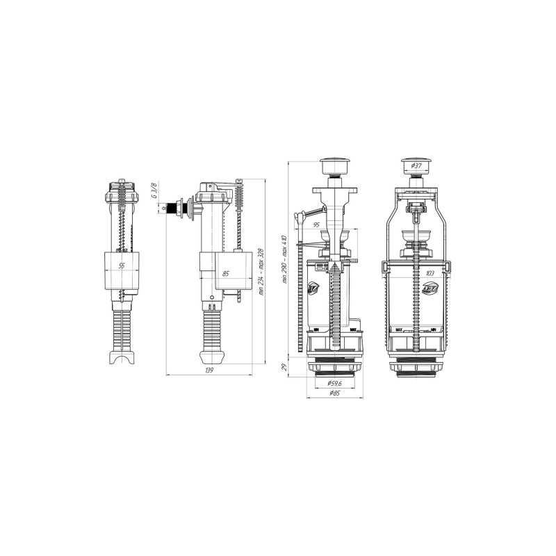 АНИ ПЛАСТ WC8030C Набор с бок. подв. 3/8 пластик кнопка хром