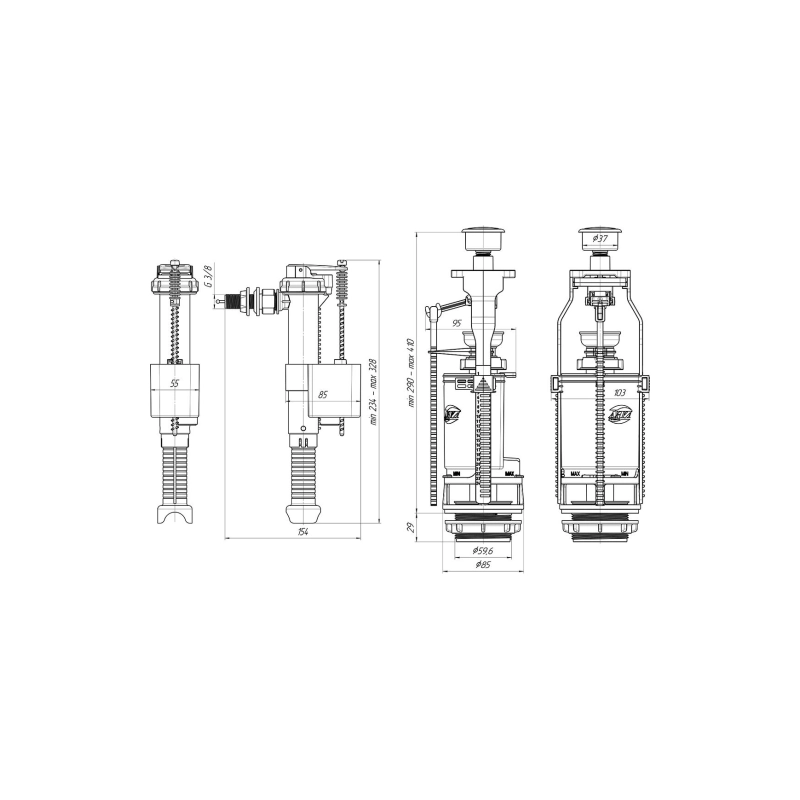 АНИ ПЛАСТ WC8040C Набор с бок.подв 3/8 латунь кнопка хром