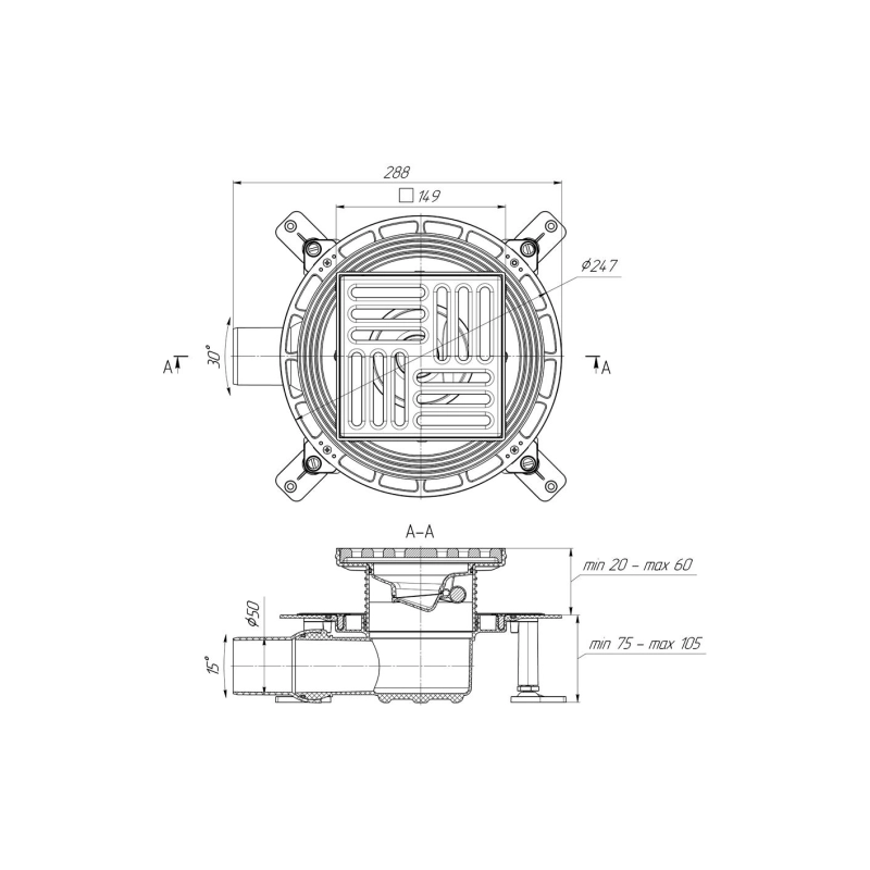 АНИ ПЛАСТ TQ5616 Трап гор.вып. 50 рег.реш. чугун 150х150 мм, сухой