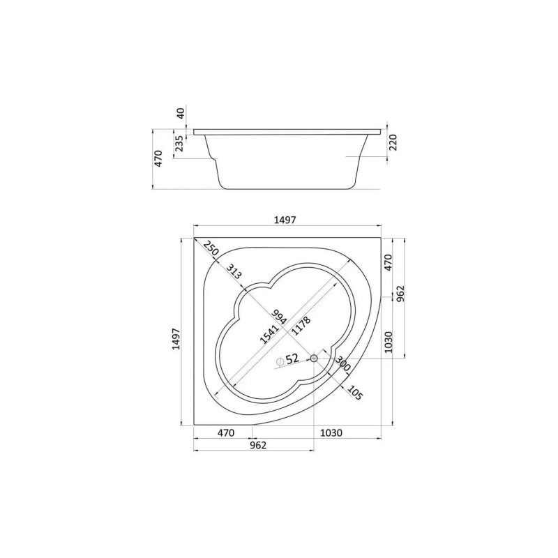Ванна акрил. КАННЫ симметричная 150*150 (+панель+монтаж.комплект)