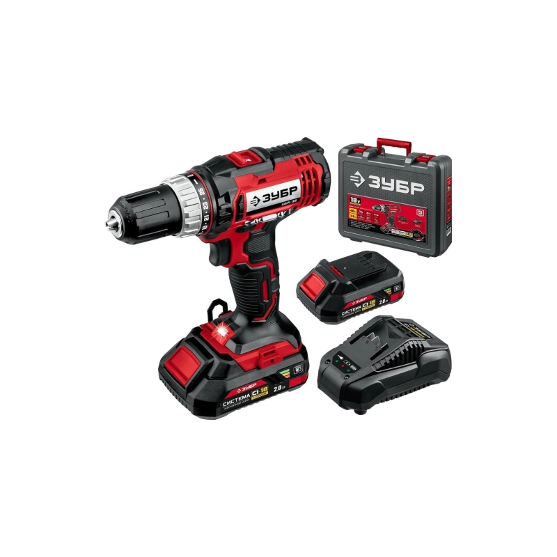Дрель-шуруповерт ЗУБР С1-18, 18 В, 40 Н·м, 2 АКБ (2 А·ч), кейс (ДШЛ-185-22)