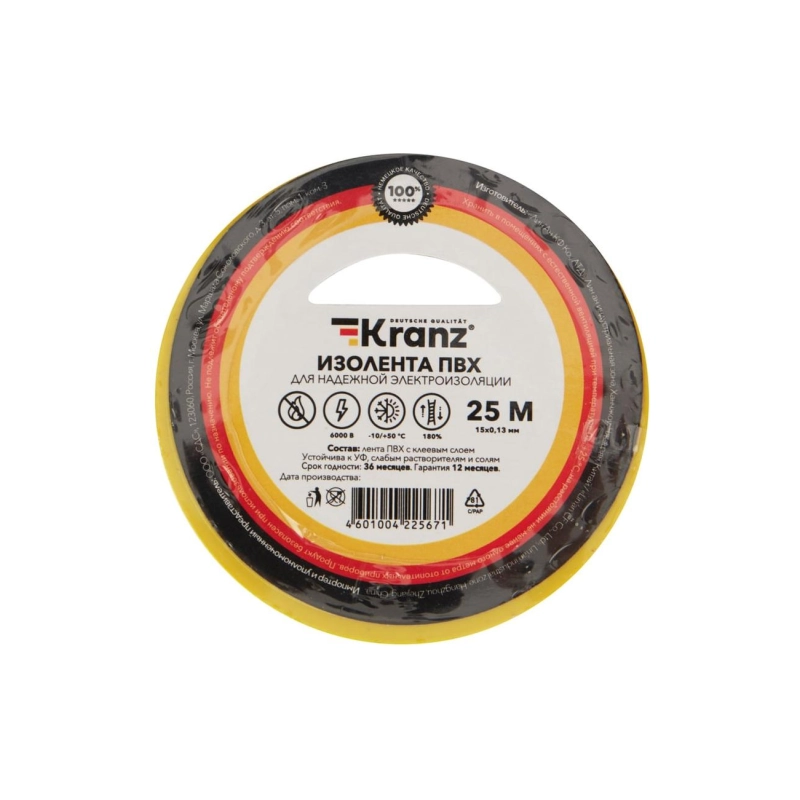 Изолента ПВХ KRANZ 15мм*25м желто-зеленая