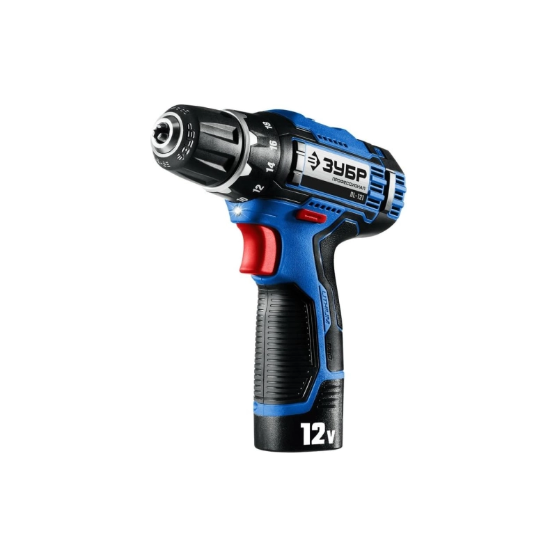 Дрель-шуруповерт ЗУБР 12 В, 40 Н·м, 2 АКБ (2 А·ч) фонарь, кейс. (DL-121-22)