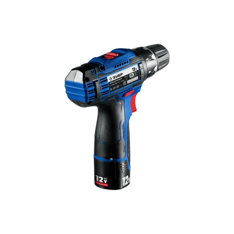 Дрель-шуруповерт ЗУБР 12 В, 40 Н·м, 2 АКБ (2 А·ч) фонарь, кейс. (DL-121-22)