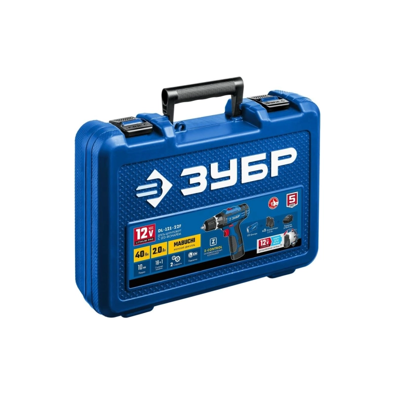 Дрель-шуруповерт ЗУБР 12 В, 40 Н·м, 2 АКБ (2 А·ч) фонарь, кейс. (DL-121-22)