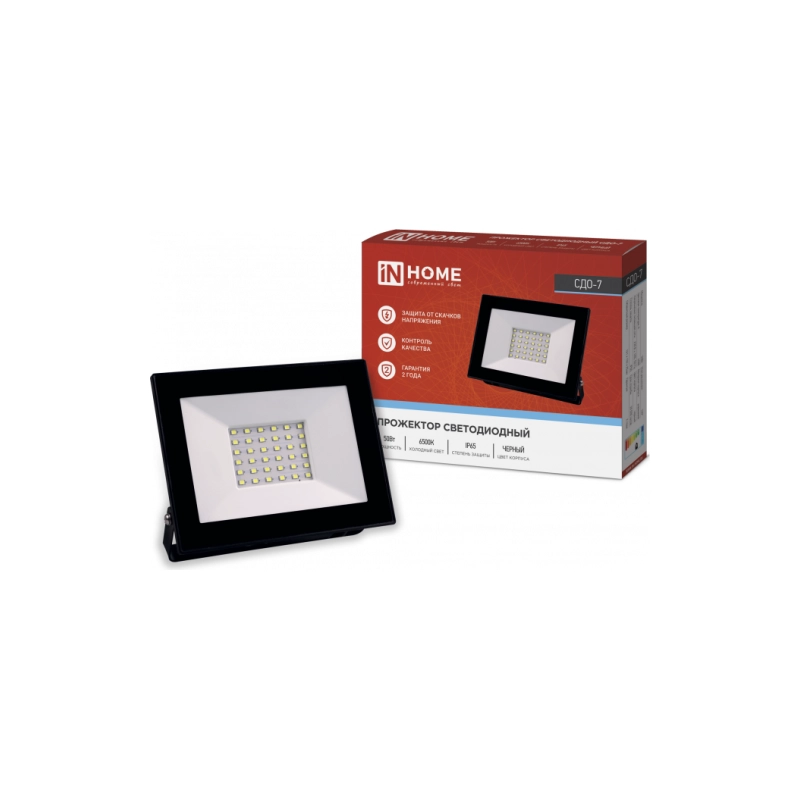 Прожектор светодиодный СДО-7 50Вт 230В 6500к черн. IN HOME