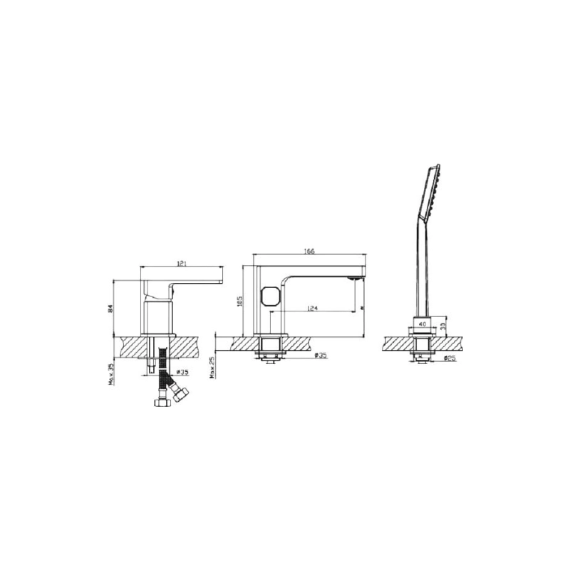 HB80615-7 Смеситель HAIBA д/ванны на борт, 3 отверстия, черный