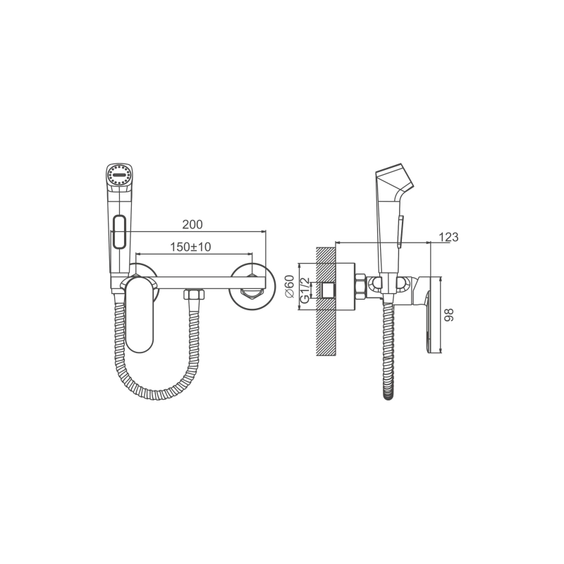 B55645-3 Смеситель BELZ д/биде настеннеый с гиг.душ, латунь, оружейная сталь