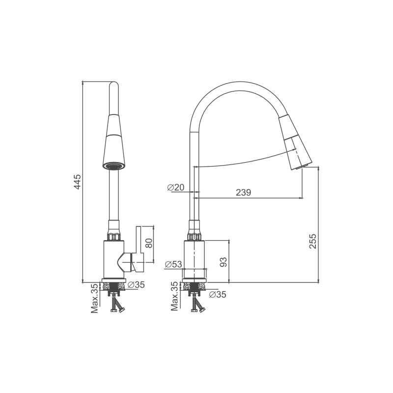 B74810-3 Смеситель BELZ однорычаж. д/кухни, гибкий излив, нерж. сталь, оружейная сталь