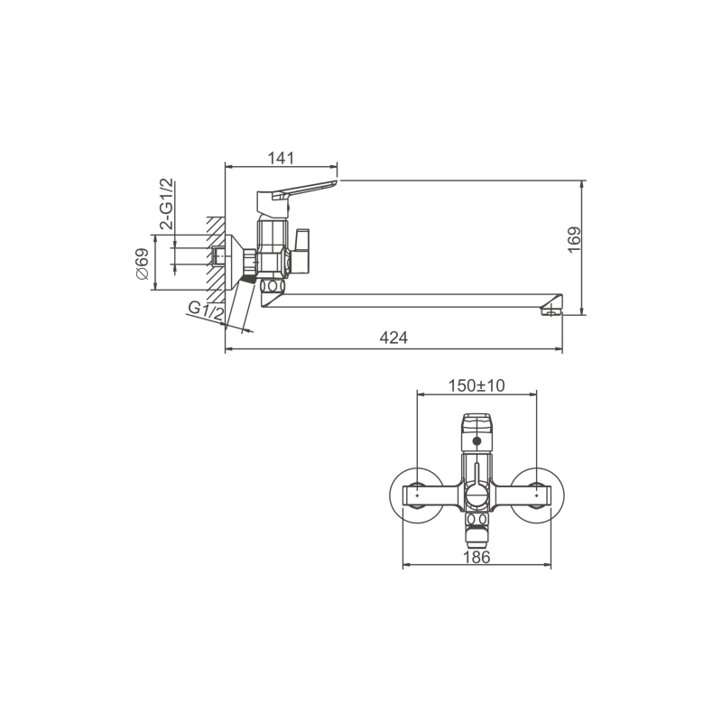 B22715-3 Смеситель BELZ д/ванны, длинный излив, латунь, оружейная сталь