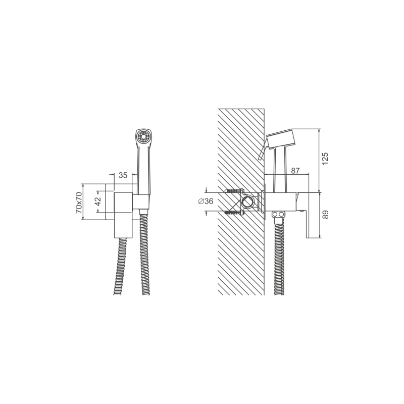 B55805-3 Смеситель BELZ д/биде настеннеый с гиг.душ, латунь, оружейная сталь