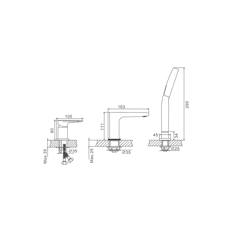 B66713-7 Смеситель BELZ д/ванны на борт, 3 отверстия, латунь, черный