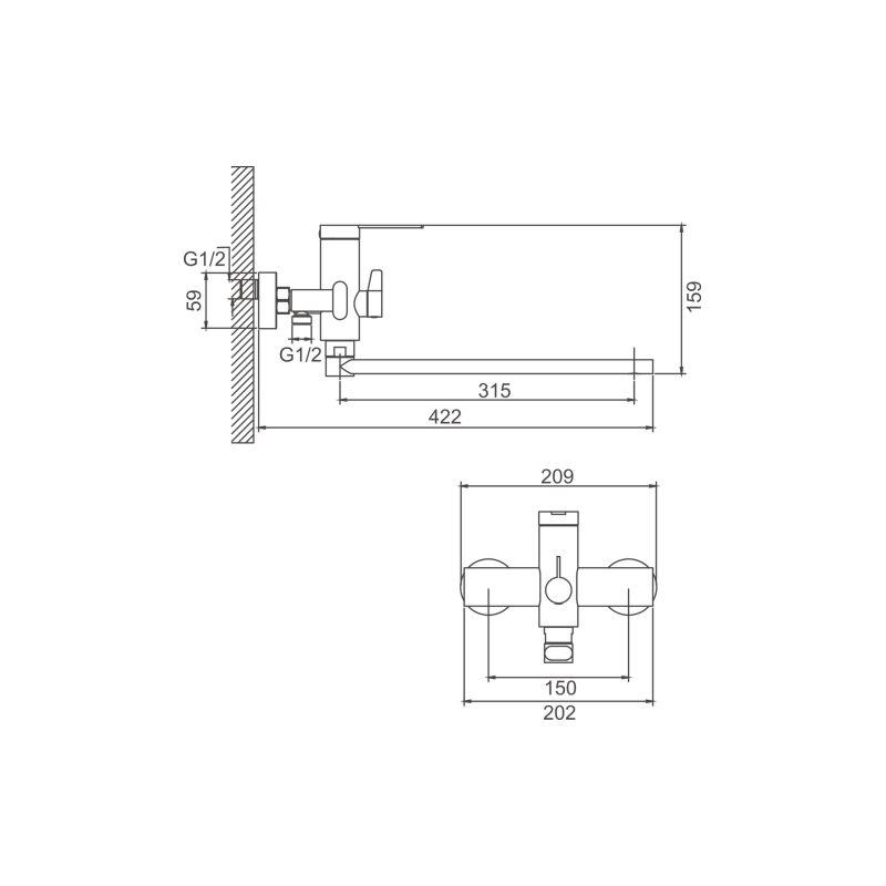 B22813-1 Смеситель BELZ д/ванны, длинный излив, нерж. сталь, сатин