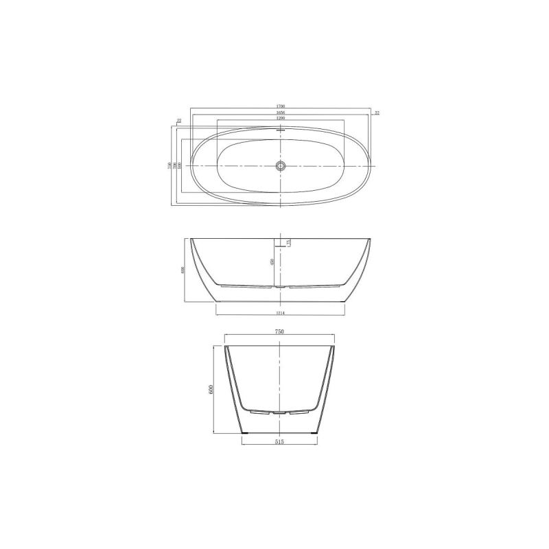 Ванна акрил. DARWIN 170x75x60 см свободностоящая (сиф.+мет. рамка) DAR17075