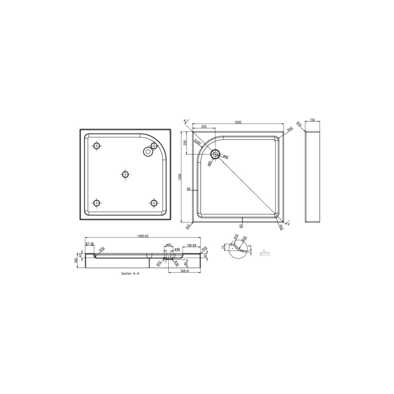 Душевой поддон акрил. 100х100х15 см, квадратный, P110R/L(P11010)