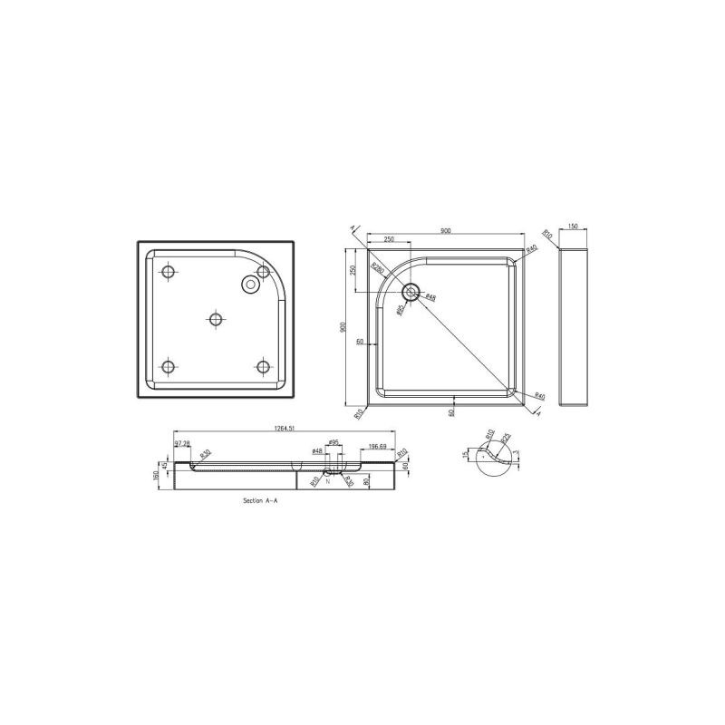 Душевой поддон акрил. 90х90х15, квадратный, P19L/R(P199)