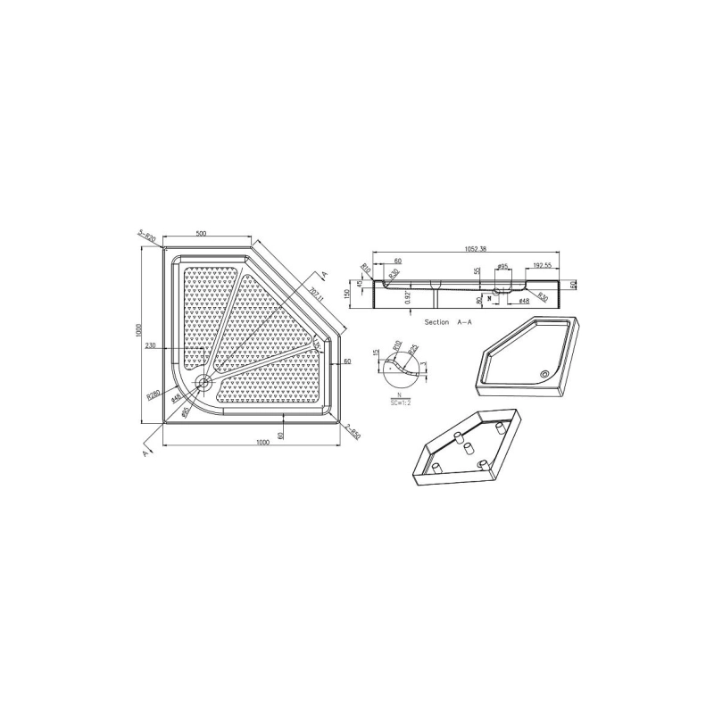 Душевой поддон акрил. 100х100х15 см, многоугольная, P310R/L