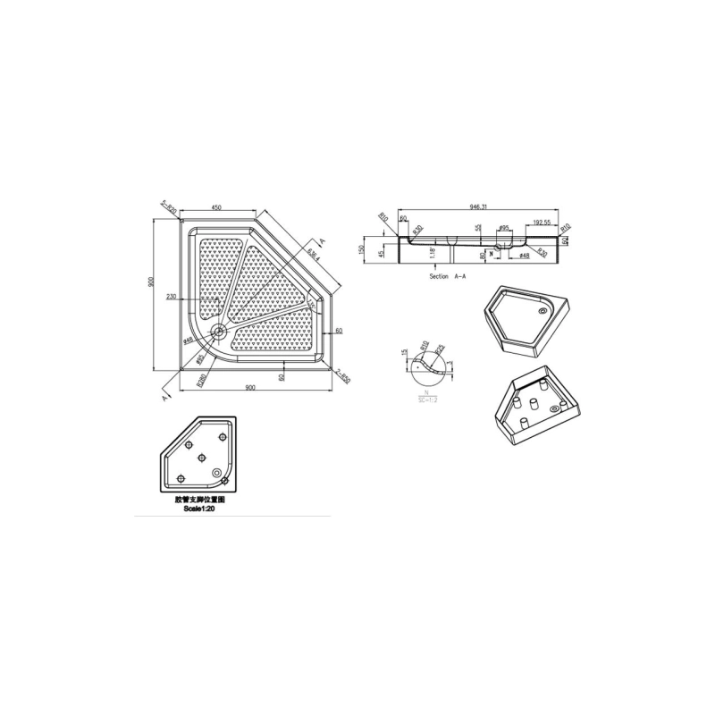 Душевой поддон акрил. 90х90х15 см, многоугольная, P39R/L