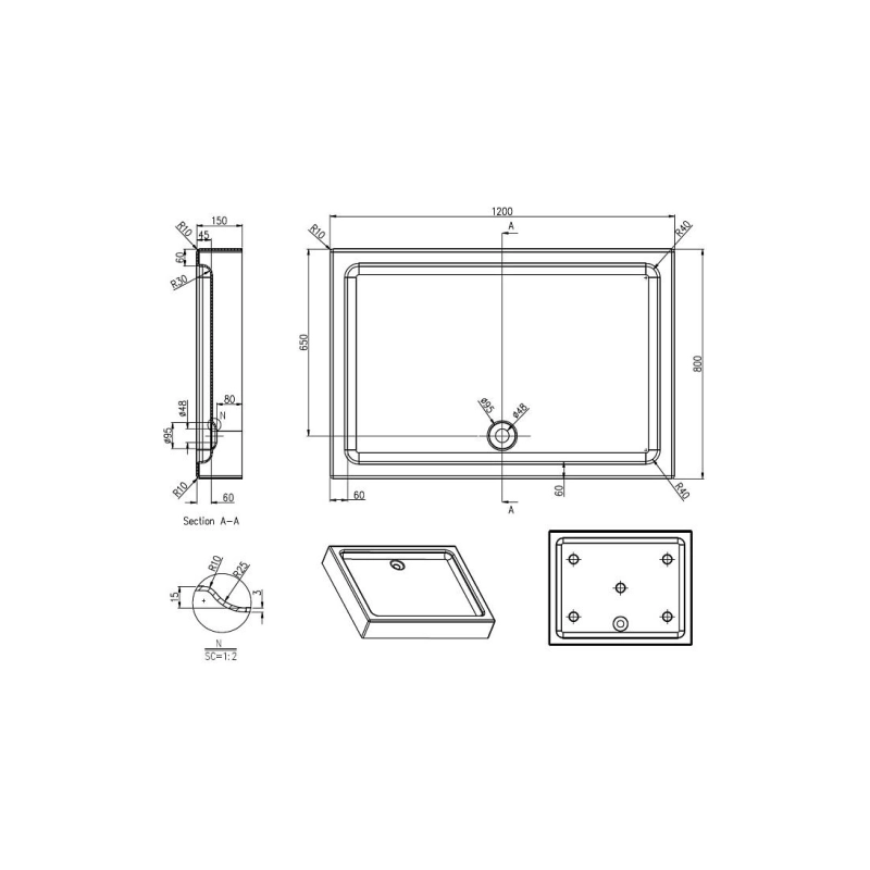 Душевой поддон акрил. 100х80х15 см, прямоугольный, ножки. съемная панель, б/сифона, P1812R/L