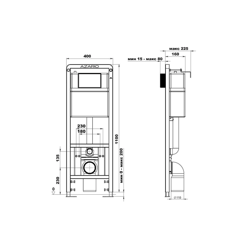 Инсталляция AZARIO для подвесного унитаза 40х16х110 см, механическая, 3/6л, AZ-ИУ00009