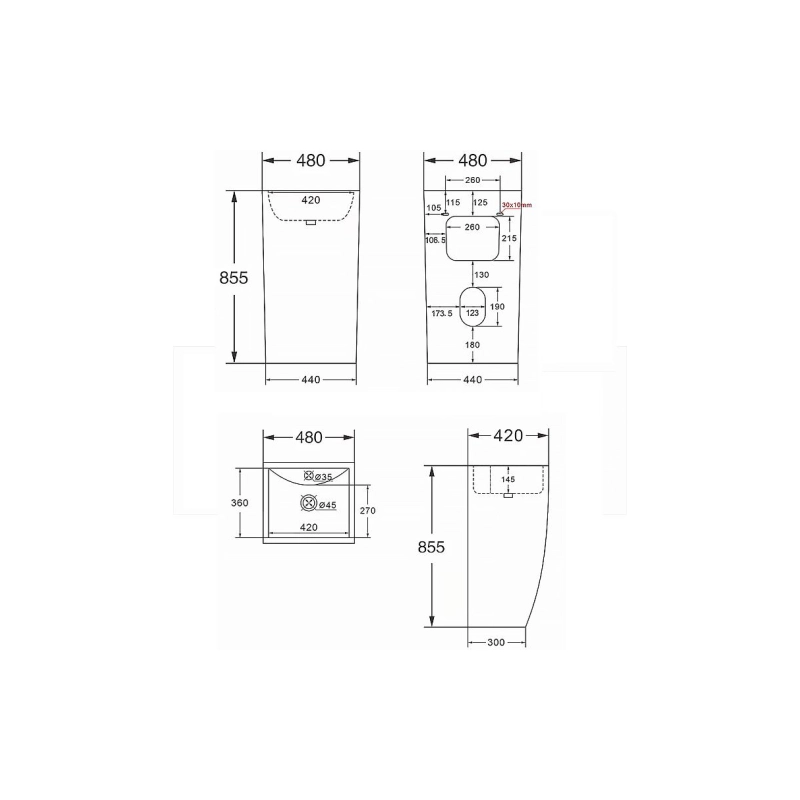 Раковина Azario COMELLA 480х420х830 напольная, прямоугольная, черный матовый, AZ-314M