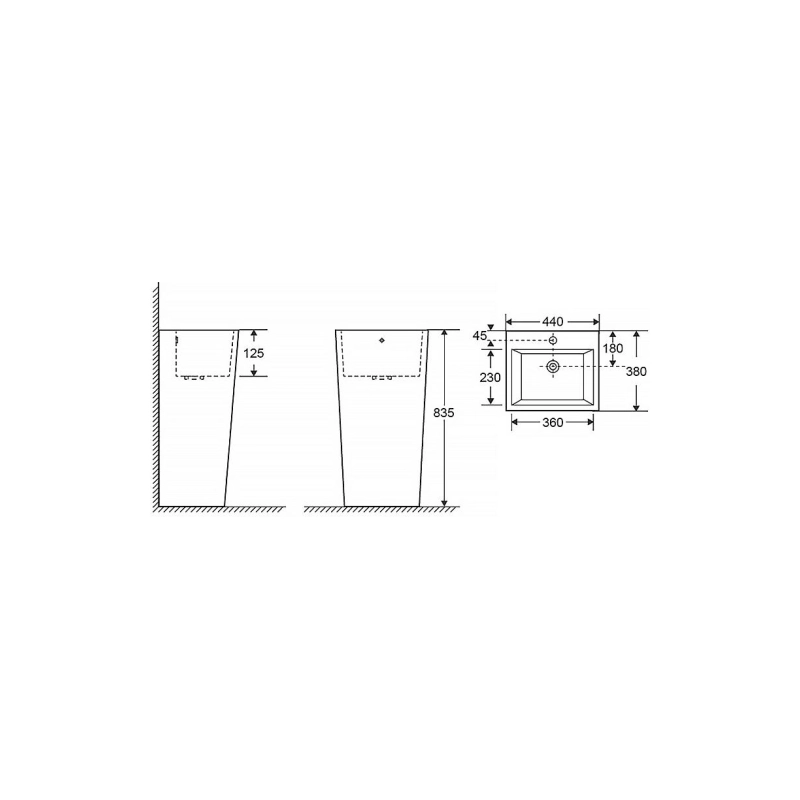 Раковина AZARIO FRETTA SQUARE 440х380х835 напольная, прямоугольная, белый, AZ-303