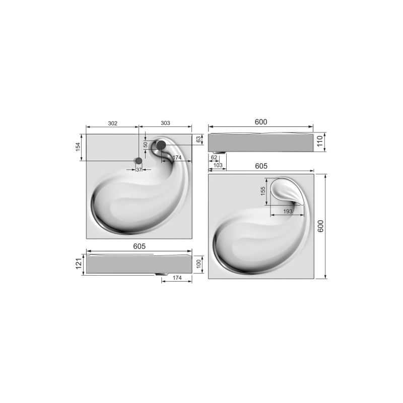 Раковина Azario SOFT 60 607х600х110 подвесная, стиральной машиной, белая, CS00078299