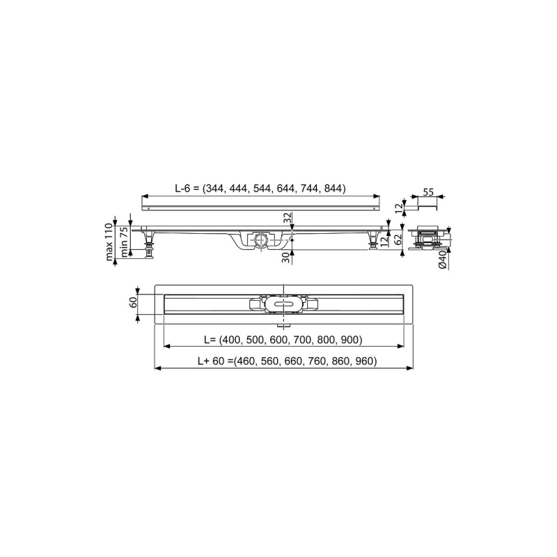 Душевой лоток AZARIO STICK 700 мм, гор.вып. D40, пластик, реш. н/сталь, гидрозатв., AZCP11-70 Stick