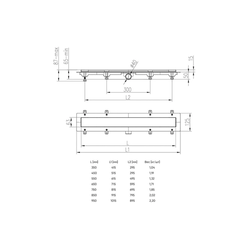 Душевой лоток AZARIO Klasik 550 мм, гор.вып. D40, пластик, реш.н/сталь, комб.затв., черный AZCH550KC