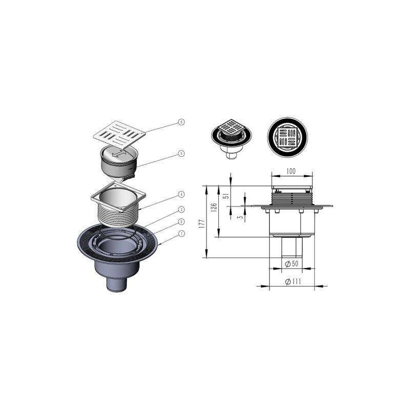 Трап для душа AZARIO 100х100 мм, верт.вып. D40, перф.реш. н/сталь, комб.затв., AZZ15100