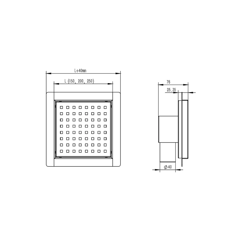Трап для душа AZARIO 150х150 мм, гор.вып. D40(50), цельномет., перф.реш.н/сталь, комб.затв., AZZ1150