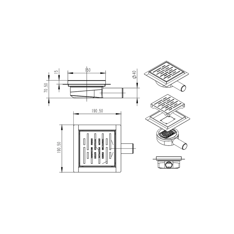 Трап для душа AZARIO 150х150 мм, гор.вып. D40(50), цельномет., перф.реш.н/сталь, комб.затв., AZZ3150