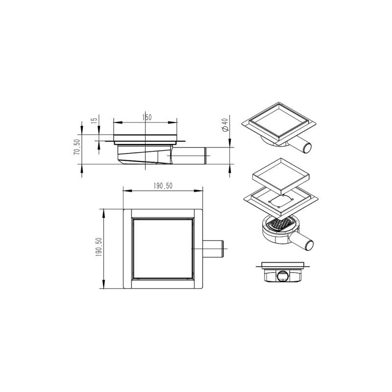 Трап для душа AZARIO 150х150 мм, гор.вып. D40, цельномет., перф.реш.н/сталь, комб.затв., AZZ3TILE150