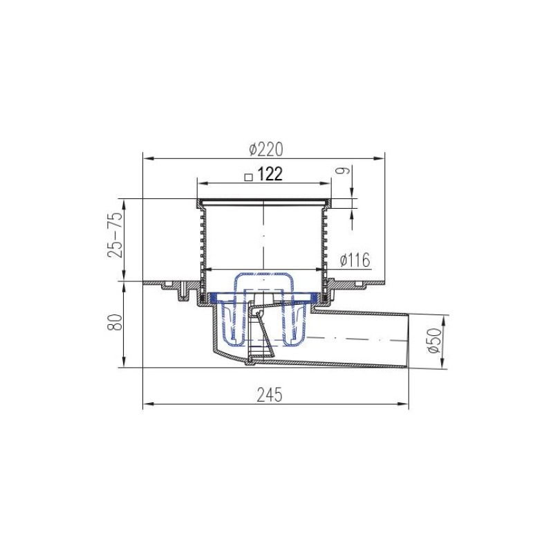 Душевой трап AZARIO 122х122 мм, гор.вып. D50, пластик, реш. н/сталь, мокрый затвор, AZ425XL