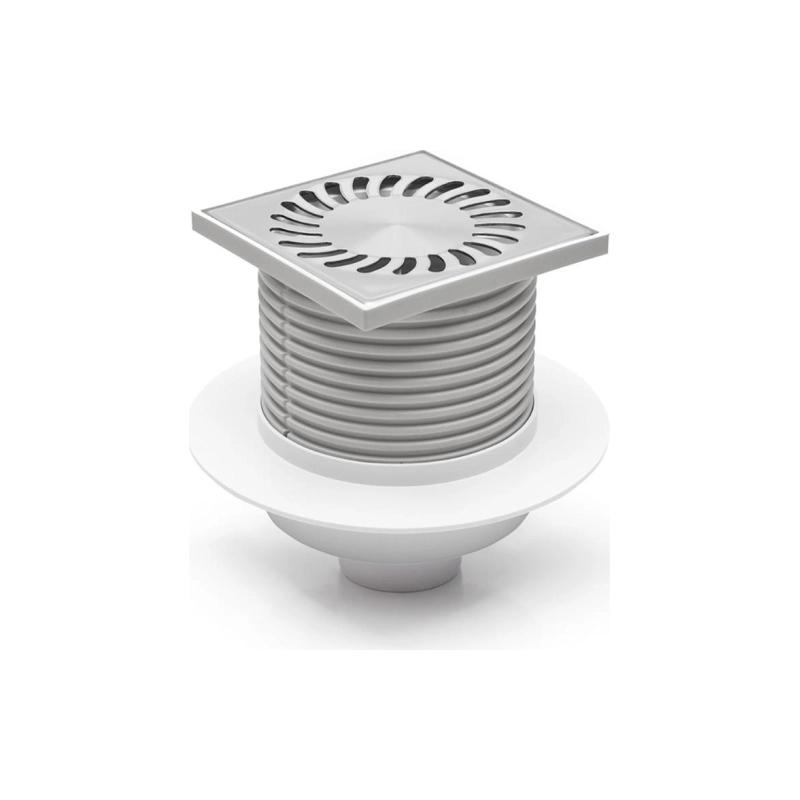 Душевой трап AZARIO 122х122 мм, верт.вып. D50, с воротником, реш. н/сталь, мокрый затвор, AZ420XL