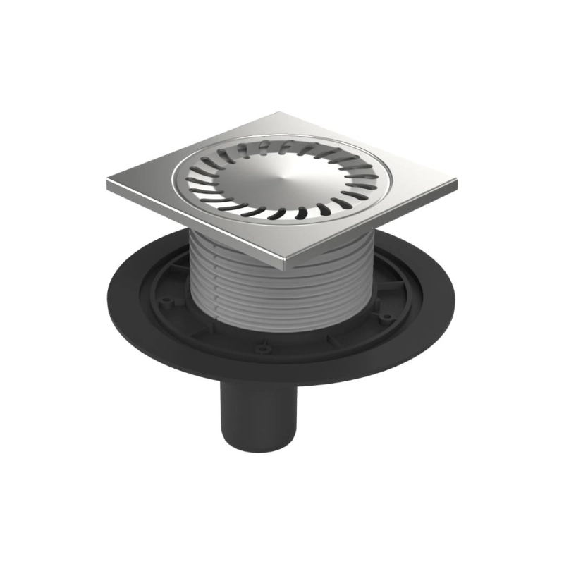 Душевой трап AZARIO 150х150 мм, верт.вып. D50, пластик, реш. н/сталь, мокрый затвор, AZ384E