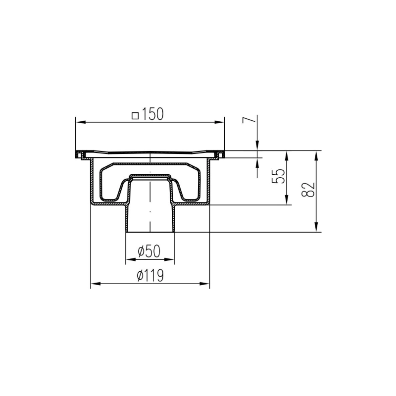 Душевой трап AZARIO НЕПТУН 150х150 мм, верт.вып. D50, пластик, реш. н/сталь, мокрый затвор, AZ320XN