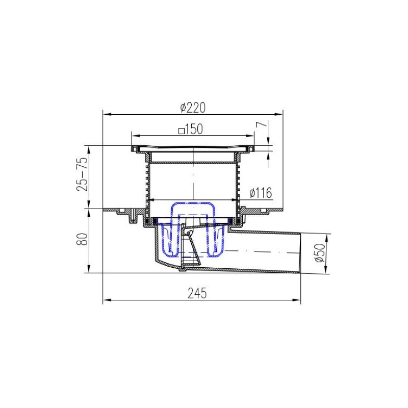 Душевой трап AZARIO НЕПТУН 150х150 мм, гор.вып. D50, пластик, реш. н/сталь, мокрый затвор, AZ326XN