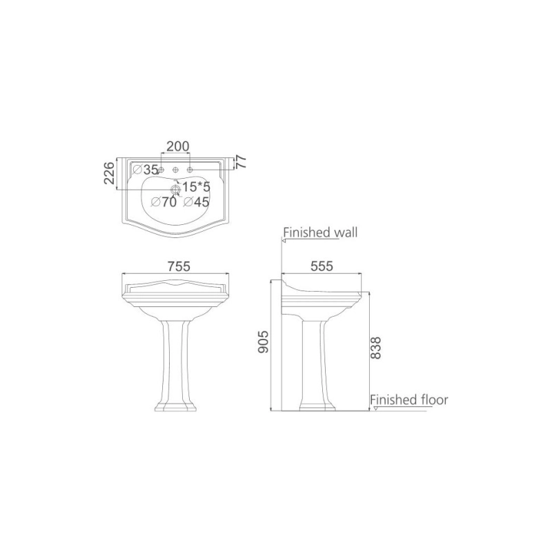Раковина Creo Ceramique DIJON 750х550х905 мм, с пьедесталом, белая, DI3000+DI3010