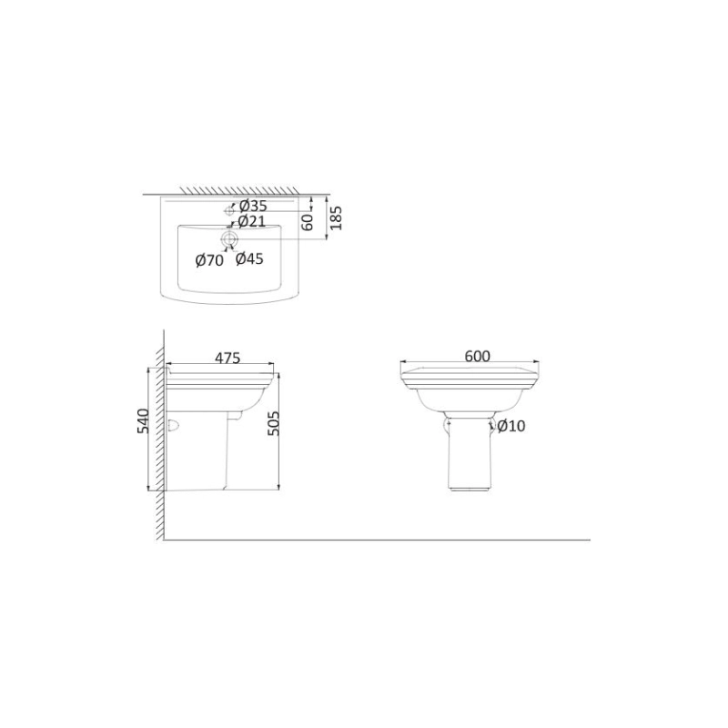 Раковина на одной ножке Creo Ceramique ORLEANS 600х475х870 мм, белая, OR3000+OR3010