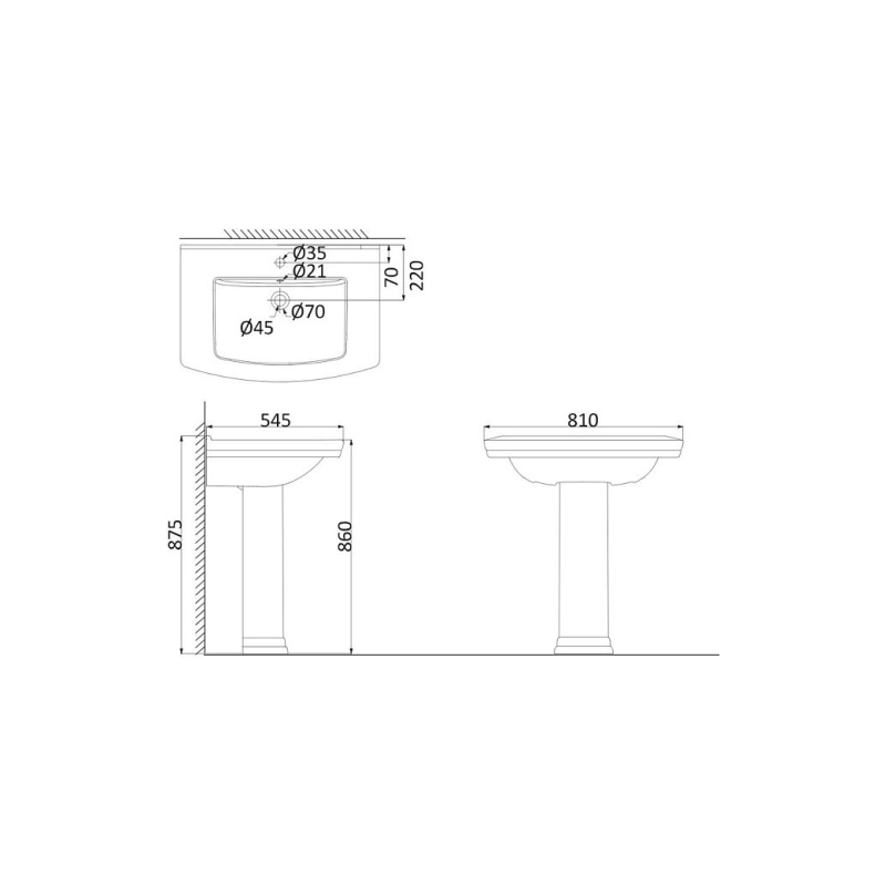 Раковина Creo Ceramique ORLEANS 800х545х870 мм, на одной ножке, белая, OR3100+OR3110