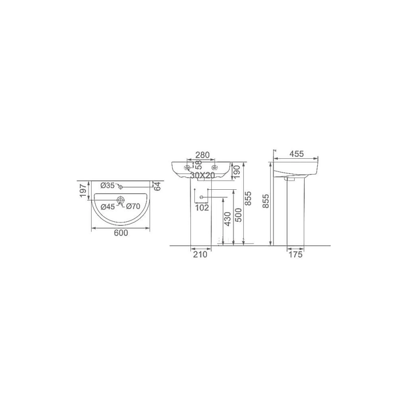 Раковина с пьедесталом Creo Ceramique RENNES 600х455х855 мм, белый, RE3000+RE3010