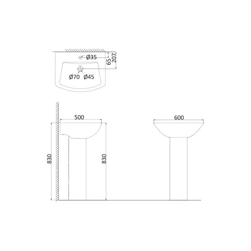 Раковина Creo Ceramique TOURS 600х500х830 мм с пьедесталом, белая, TO3000N+T03010N